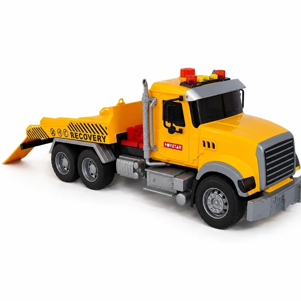 Large Toy Recovery Tow Truck Flatbed 6-Wheel Vehicle Lights Untested